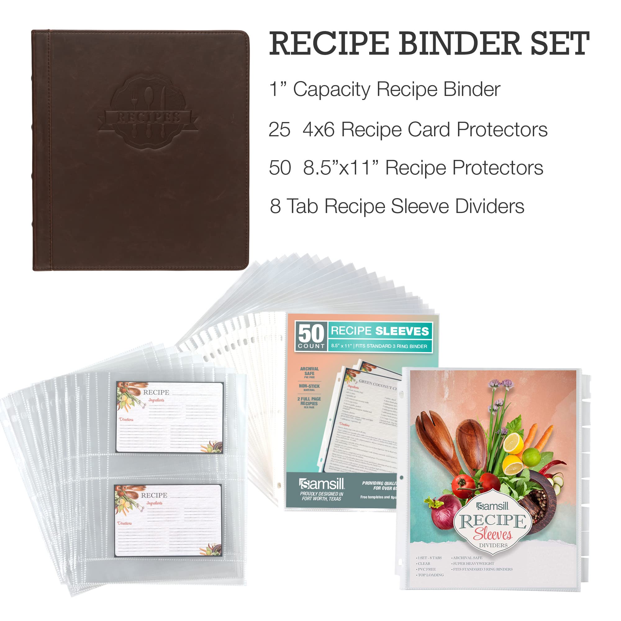 Samsill Set di raccoglitori per ricette da 2,5 cm, raccoglitore da 21,6 x 27,9 cm con 50 protezioni per ricette a pagina intera, 25 buste per biglietti di ricette da 10,2 x 15,2 cm e 8 divisori