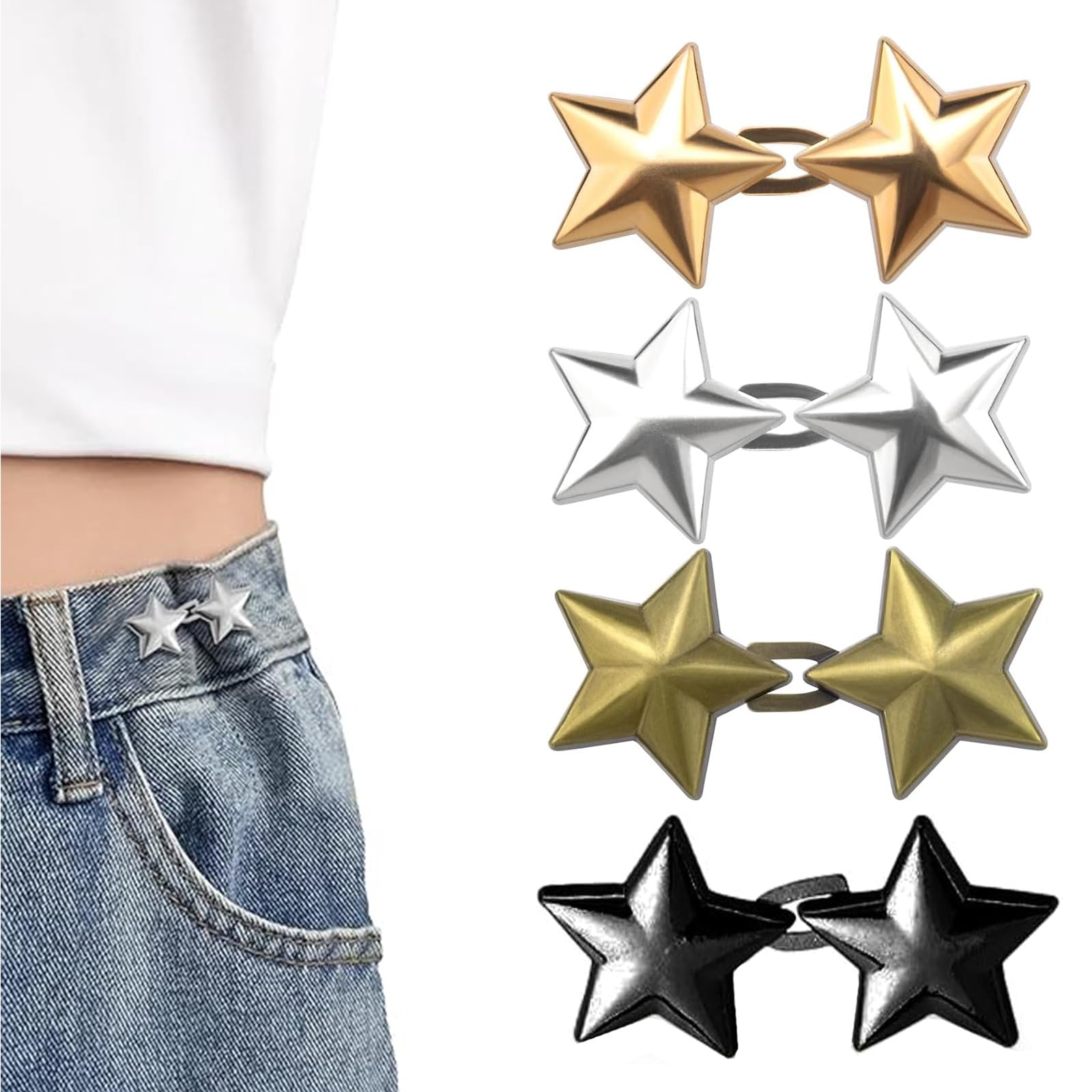 Chaofatchoy 4Pairs Star Waist Tightener, Adjustable Waist Tightener for Jeans Pants, Skirts, Sleeves, Sweaters, Metal, Gold