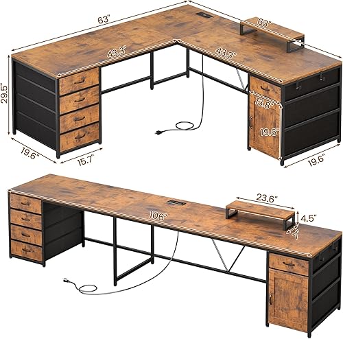 Miniatura 2 de SEDETA L Shaped Desk, 63" Computer Desk with 5 Drawer & Power Outlet, Long Home Office Desk or Corner Desk, L Shaped Corner Desk with Monitor Shelf,