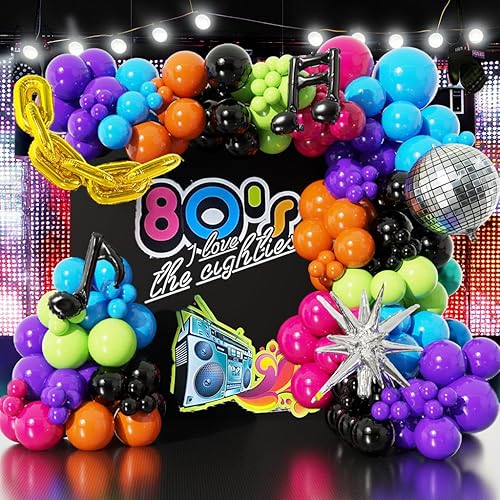 Kit de guirnalda de arco de globos de los años 80 y 90, color brillante con cadena, globos de estrella de música disco para suministros de fiesta de