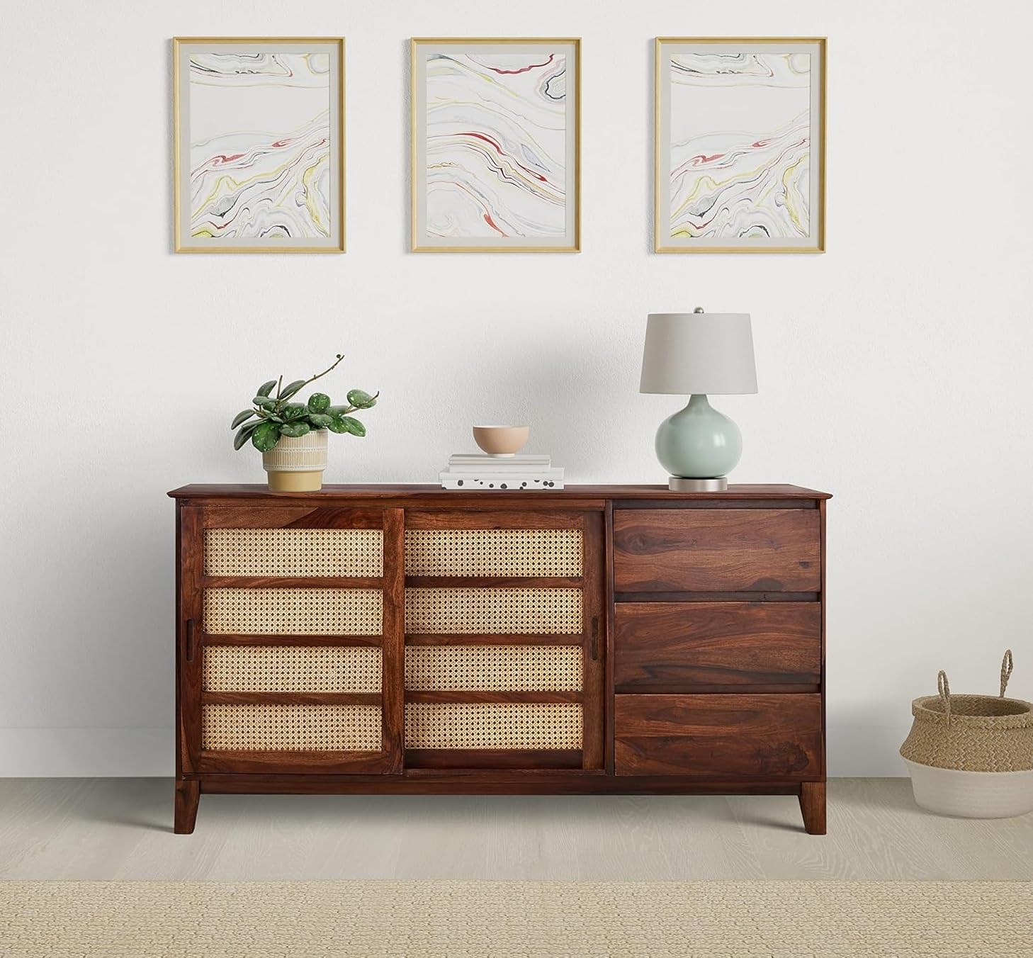 Solid Wood Sideboard Cabinet with Cane Sliding Doors and 3 Drawers | Sheesham Wood, Cane Woven Panels, Living Room Storage, Mid-Century Style, Walnut Finish-image-16