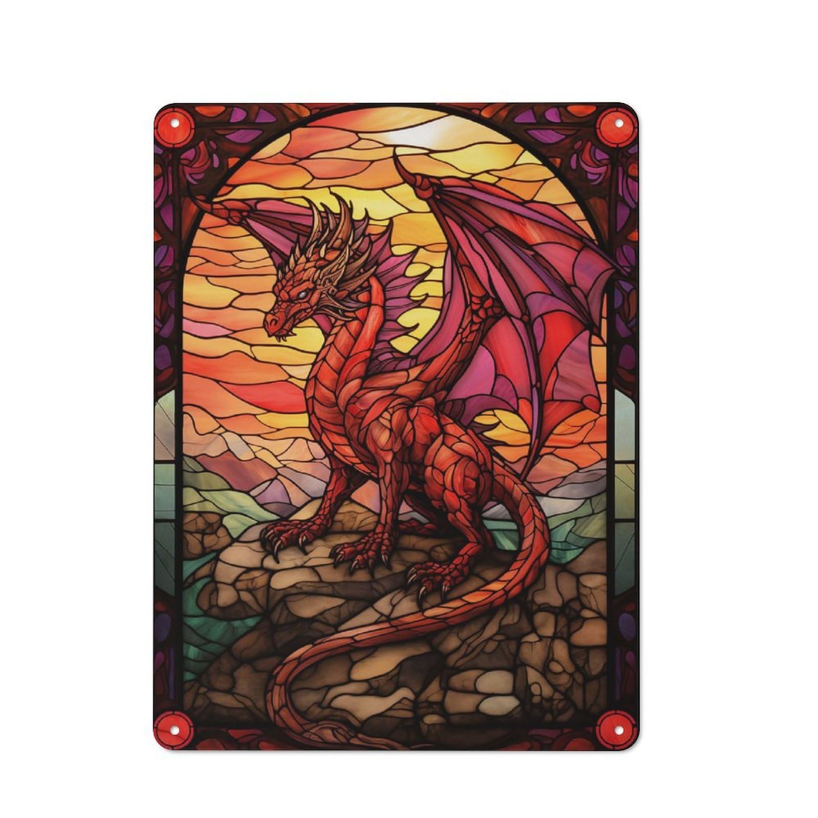 Junmoney Style-8 Fire Dragon Stained Glass Metal Wall Plaque 40X30cm, Vintage Nostalgic Wall Art For Bedroom, Office, Home Bar Or Dining Room