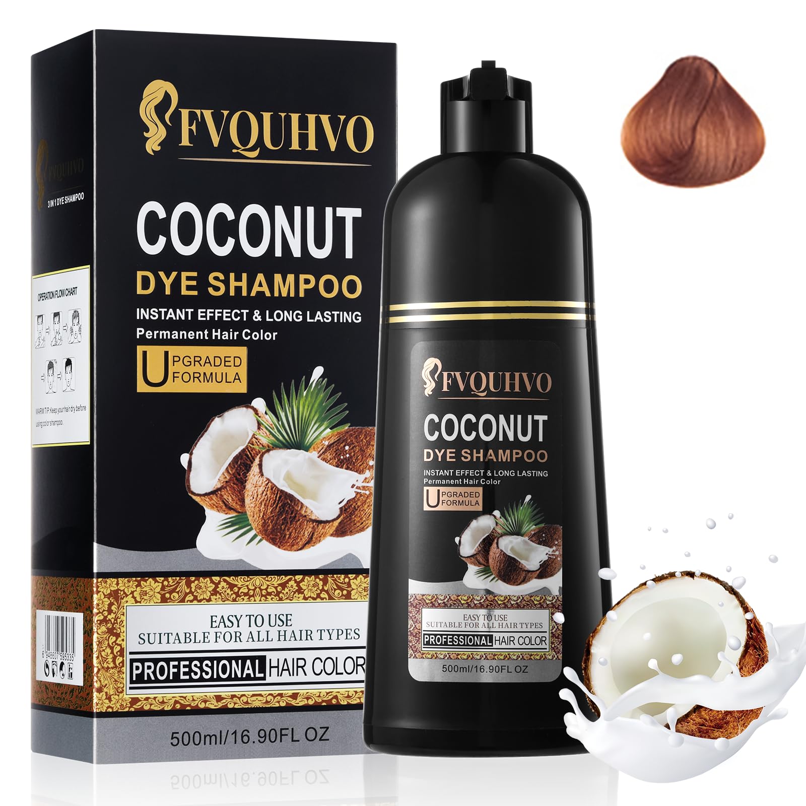Coconut Cherry Hair Dye Shampoo 3 in 1, Instant Brown Color 16.90Fl Oz for Women Men, Long Lasting & Easy to Apply for All Hair Types