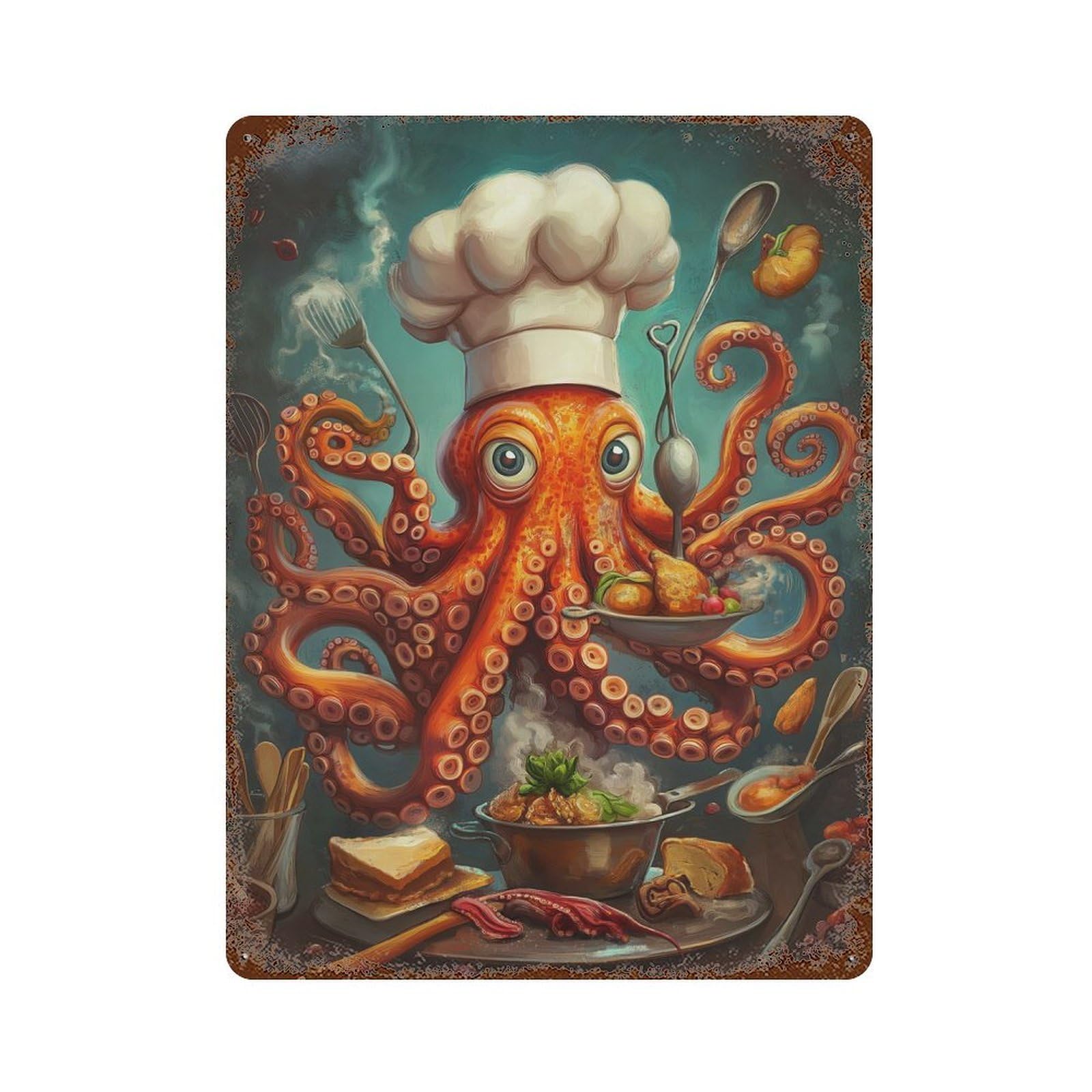 Octopus Chef Decorative Tin Sign 15.7"x11.8", Retro Wall Decor for Living Room, Hallway And Home Decor