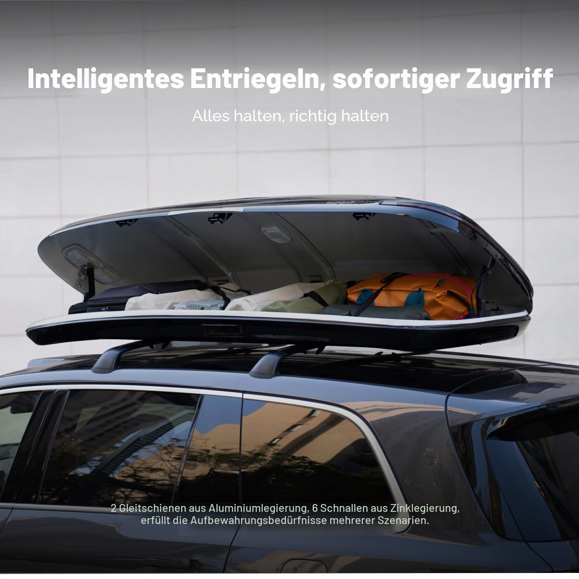 Nomadix Pro Dachbox für Autos, Fingerprint & 30W Solar Panel, Ultraleise Aerodynamik, inkl. Powerbank & LED Rücklicht, XL-400-E-Schwarz