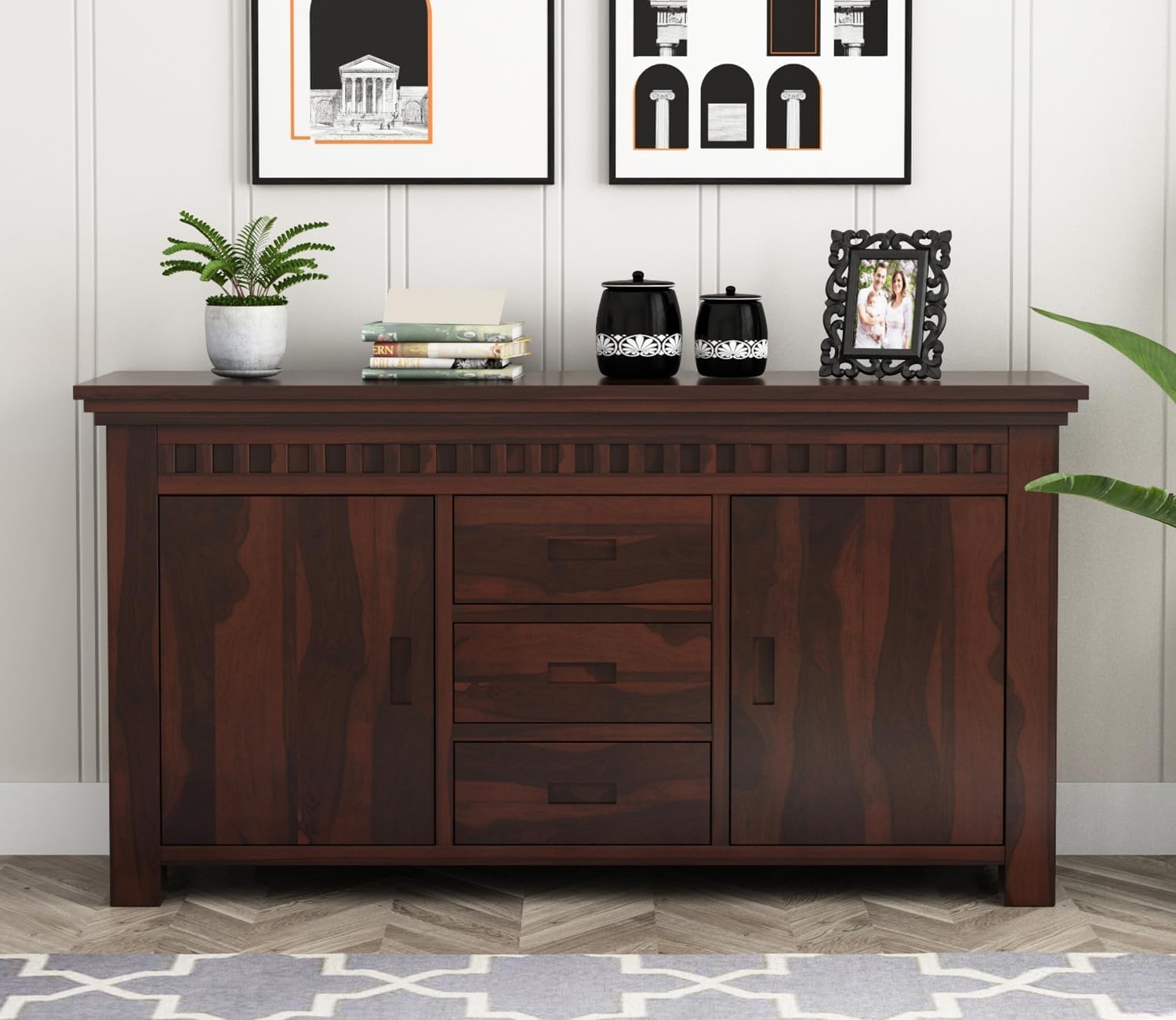 Solid Sheesham Wood Furniture Sideboard Crockery Cabinet for Living Dining Room Console with 3 Drawer & 2 Door Storage Buffet Home Office Accent Table Kitchen Display Unit (Walnut)-image-35