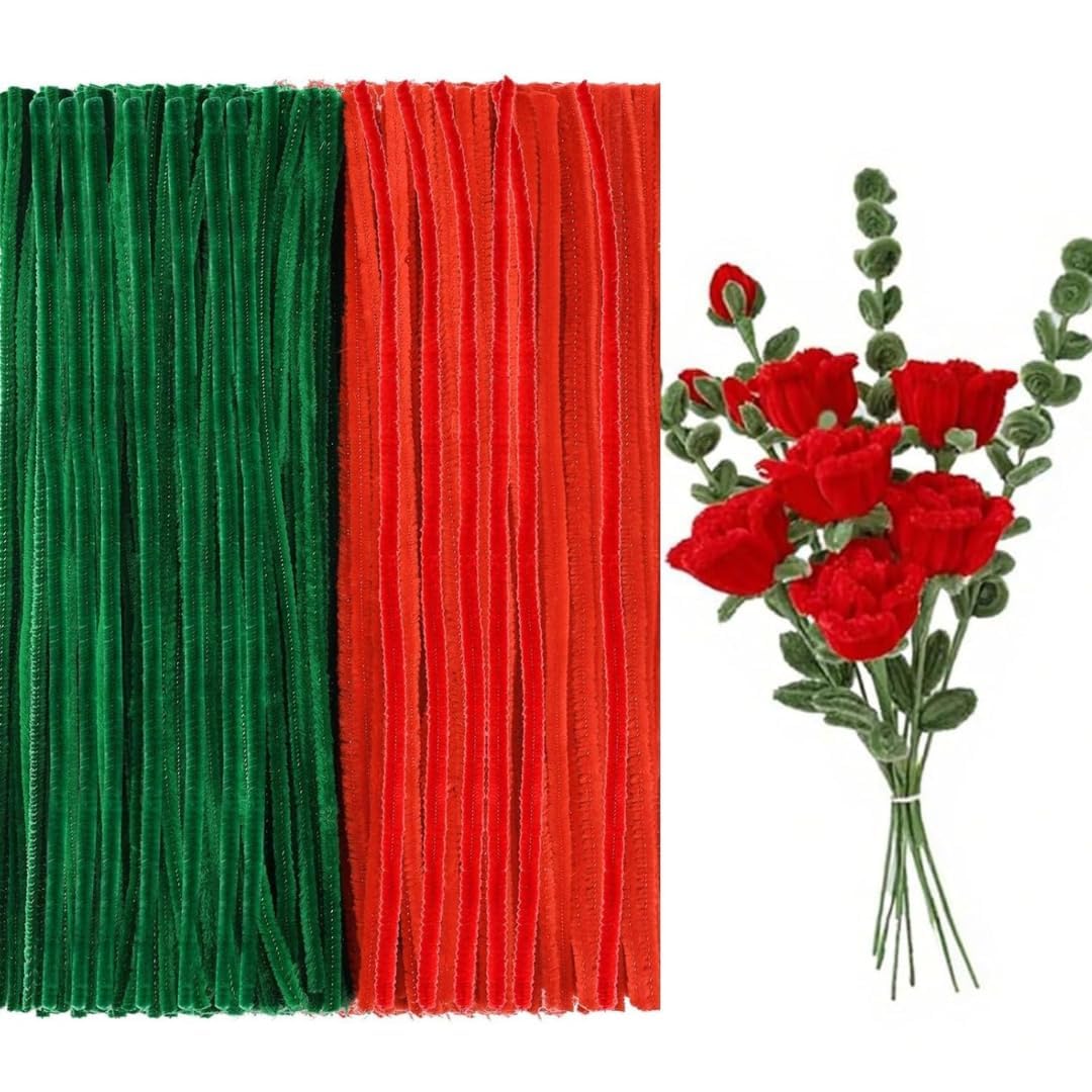 100 PCS Pipe Cleaners Craft Sticks (50 Red + 50 Green) | Soft Chenille Stems for DIY Crafts, Kids Art, School Projects, Flower Making, Decoration | Flexible & Easy to Bend-image-33