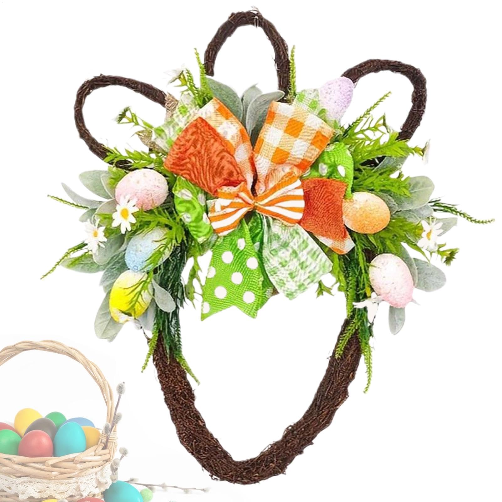 Couronne de Pâques lapin avec nœud à carreaux pour décoration de porte