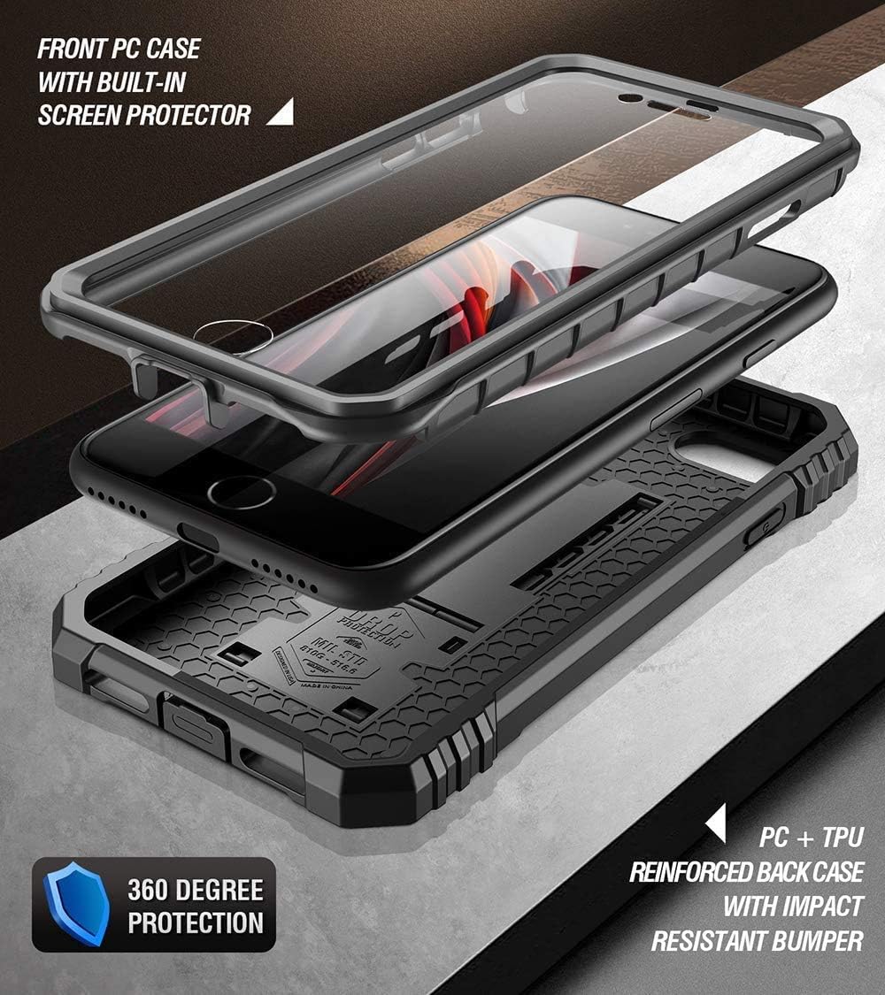 Poetic Revolution Case for iPhone SE 2020 /2022/ iPhone SE 3/iPhone 8/iPhone 7, Full-Body Rugged Dual-Layer Shockproof Protective Cover with Kickstand and Built-in-Screen Protector, Black