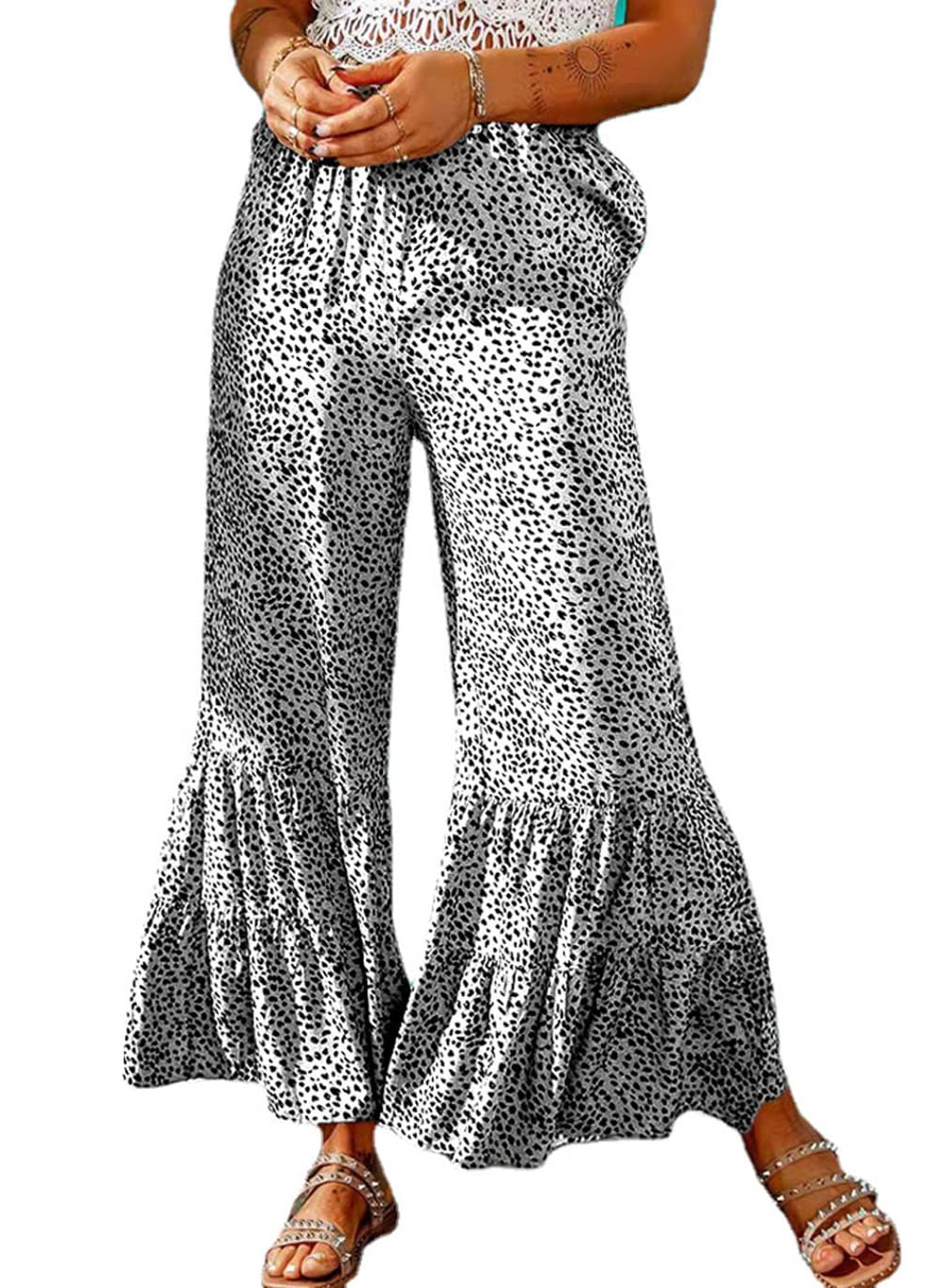 CHARTOU Womens Vintage Leopard Print Wide-Leg Ruffle Hem Bell Bottom Palazzo Long Pants