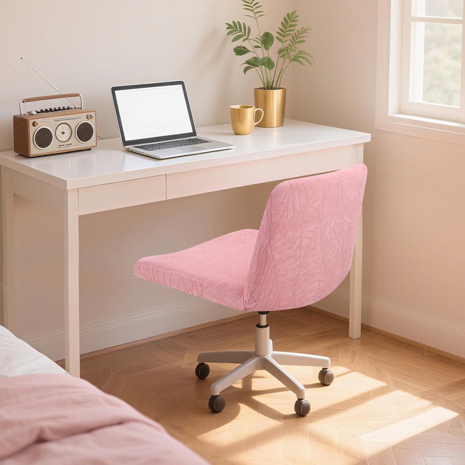 Fuloon Criss Cross Chair Cover, Waterproof, Stretchable, Solid Jacquard, Suited for Armless/Office/Desk/Mid Back Wide Seat/Computer/Task/Vanity/Accent Chair (Leaves -Shaped Jacquard, Pink)