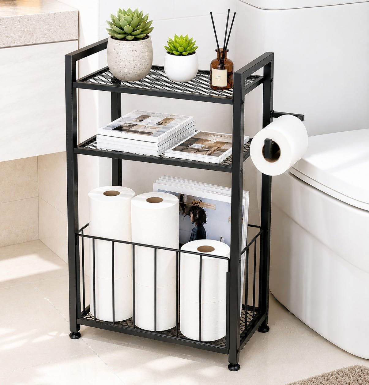 Freestanding Toilet Paper Holder Stand with Shelf and Basket, Bathroom Toilet Paper Storage Organizer for Narrow Spaces, Adjustable Feet Metal Toilet Roll Holder Holds 6-9 Rolls, Black