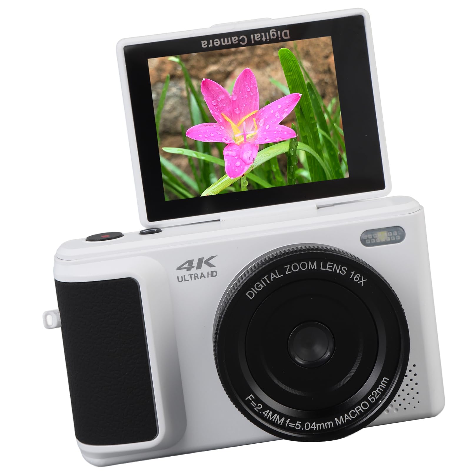 Garsent Camera Digitale 4K per Fotografia, Videocamera da 64 MP con Zoom 16x, Fotocamera da Viaggio Compatta con Schermata a Fogli Mobili da 2,8 "con Batteria, Fotocamera Vlogging a (WHITE)