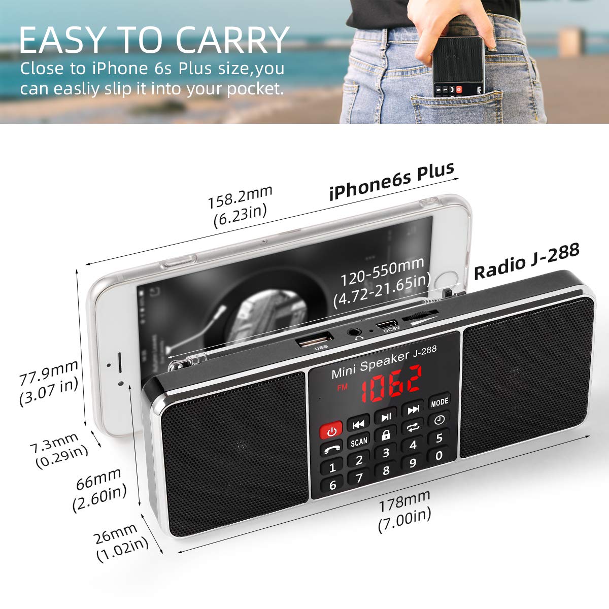 PRUNUS J-288 Radio Portatile Ricaricabile AM/FM,Radio Bluetooth con L'altoparlante Stereo, Radiolina Digitale con Serratura a Chiave e Funzione Sleeping Clock, MP3 Player, Supporto SD/USB/AUX