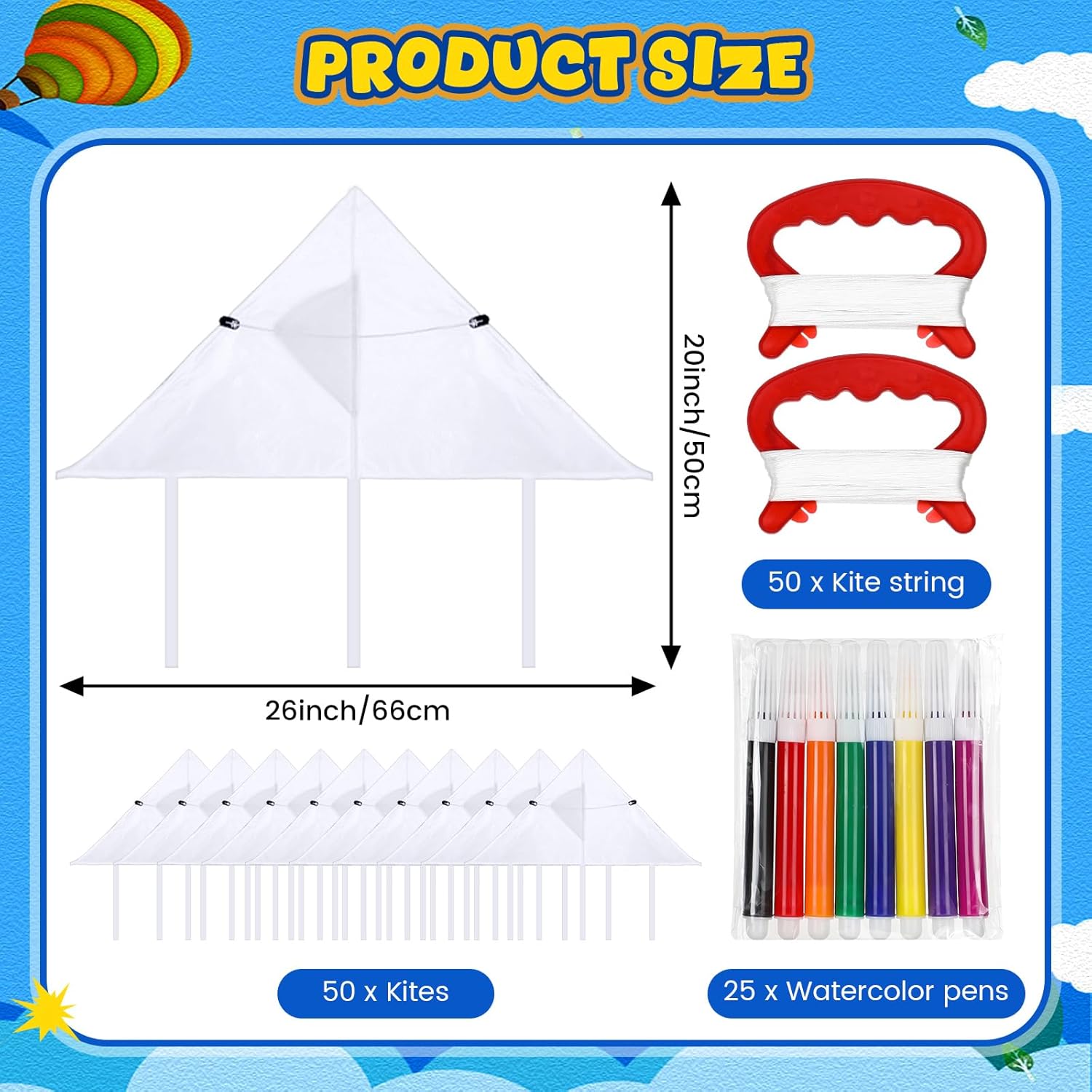 Syhood 50 Pcs DIY Kites for Kids Making Kit 20 Inch Summer Decorating Coloring Kites with Watercolor Pens and String Making Craft Kits for Outdoor Game and Activities