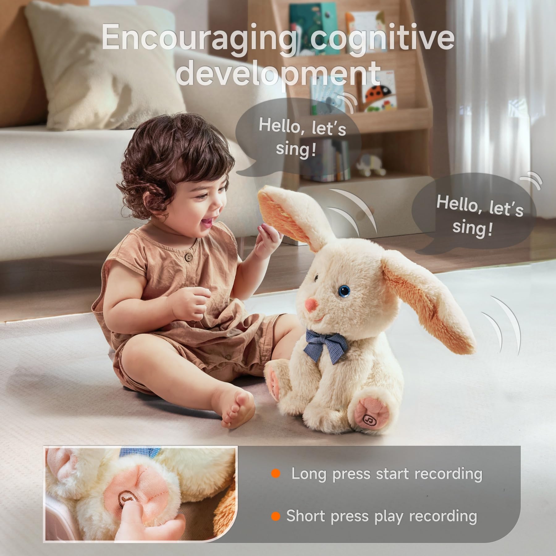 TUMAMA Bunny Stuffed Animal - Musical Stuffed Animal with Moving Ears, Features Singing, Recording, Repeating for Toddlers, Interactive Stuffed Bunny Plush Gift Toys for Boys and Girls - Image 4