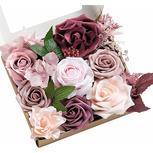Ling's Moment Fake Flowers Box, Artificial Faux Greenery Stems Silk Roses Foam Avalanche for Wedding Bouquets Centerpieces Table Decorations Backyard Floral Arrangement, Dusty Rose & Mauve, Mini Combo