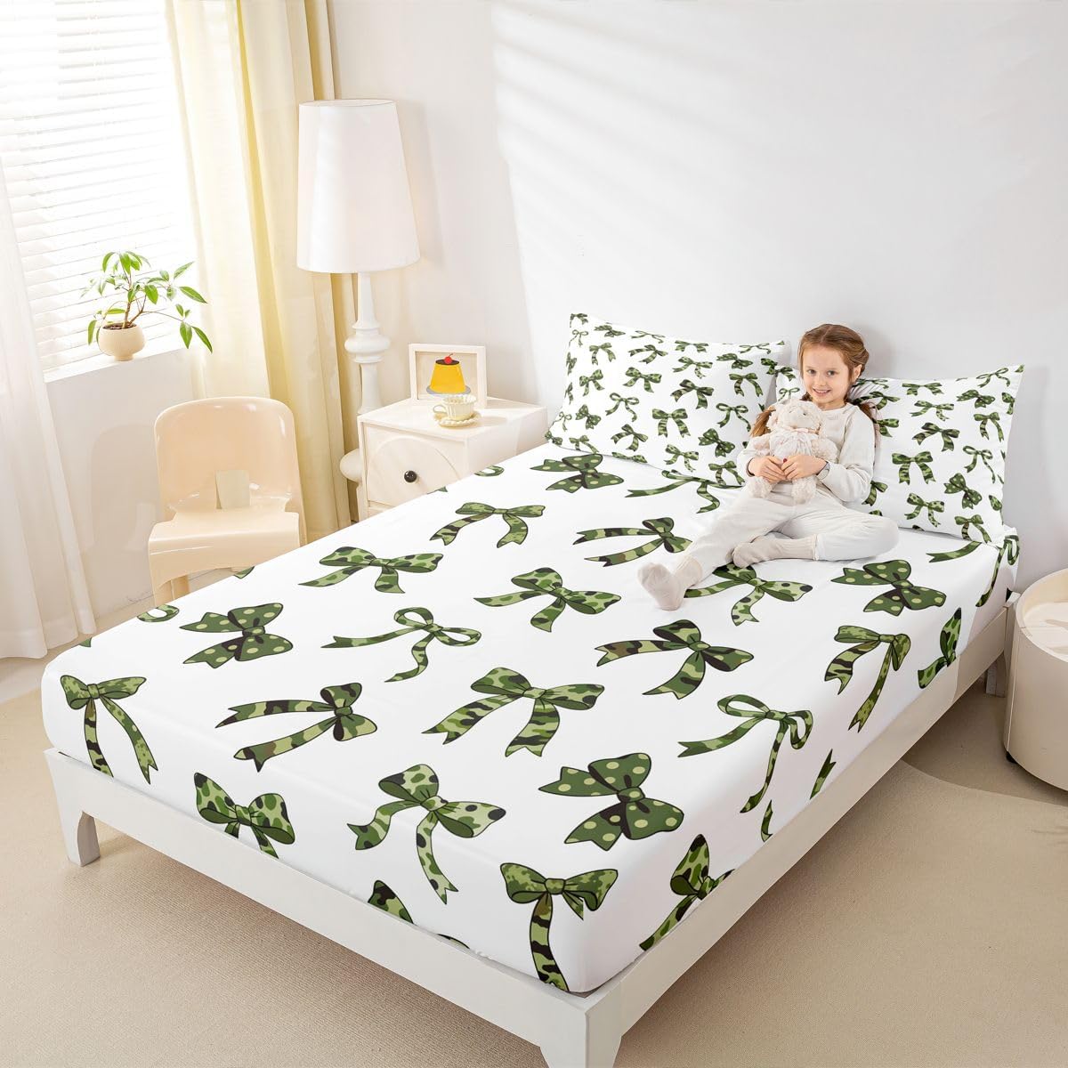 Manfei Cartoon Bowknot Bed Sheets Twin Size,Butterfly Romantic Roses Easy Wash Bedding Set,Princess Girly Bowknot Kids Room Decor,Baby Blue Sheet(Fitted+Flat+1 Pillowcase)