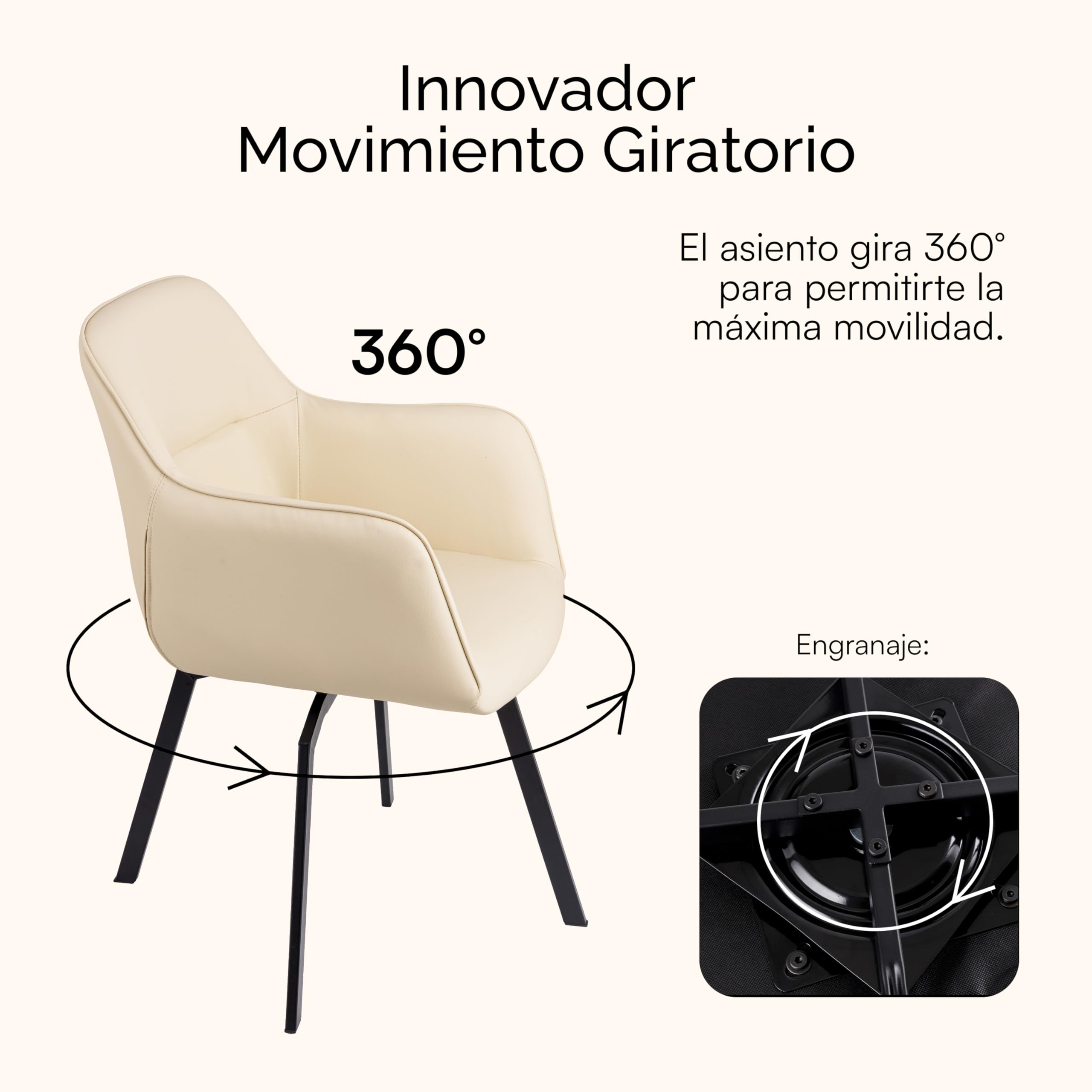 Baroni Home Sillón Giratorio Moderno con Reposabrazos y Tapicería de Cuero de Imitación y Patas de Acero Negro, Sala de Estar, Dormitorio, Rincón de Lectura, Beige, 55x85x47 cm