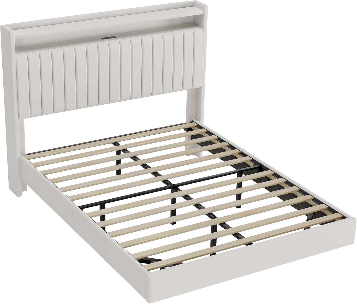 IDEALHOUSE Queen Bed Frame, Floating Queen Size Bed Frame with Storage & Charging Station, Upholstered Platform Bed with RGB LED Lights & Charging Station, No Box Spring Needed, PU Leather White