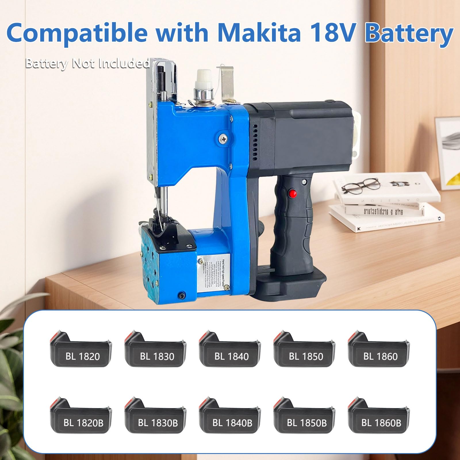 Handnähmaschine mit Akku, Tragbare Akku Sacknähmaschine kompatibel mit Ma-kita 18V Akku, Stichlänge 7–10mm, Nähdicke 0,2–10mm, Elektrische Beutelverschließmaschine für Säcke