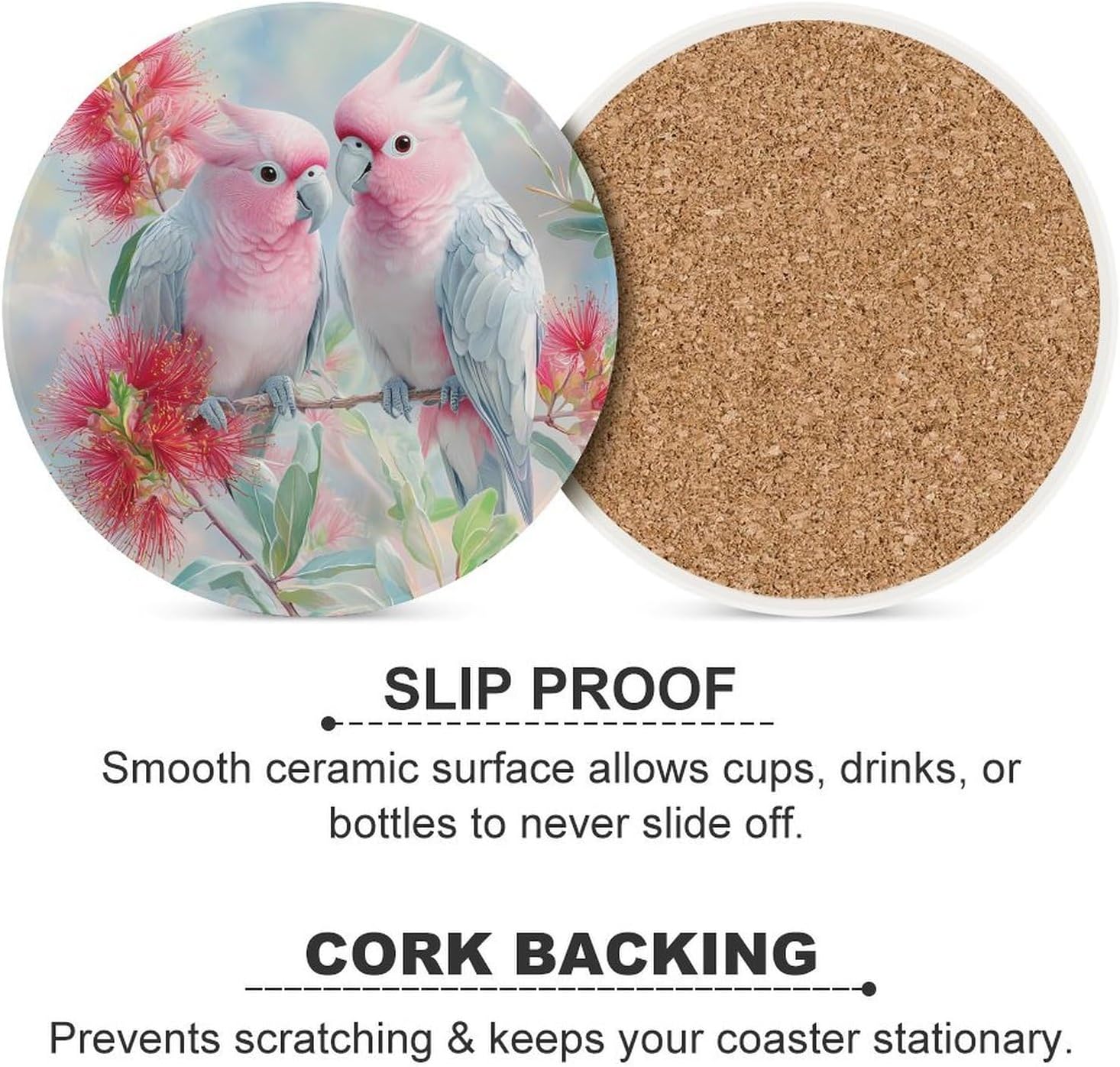 Cockatoos and Flowers Round Ceramic Coasters Print Drinks Absorbent with Cork Base for Home Decor Gifts 4 Inch