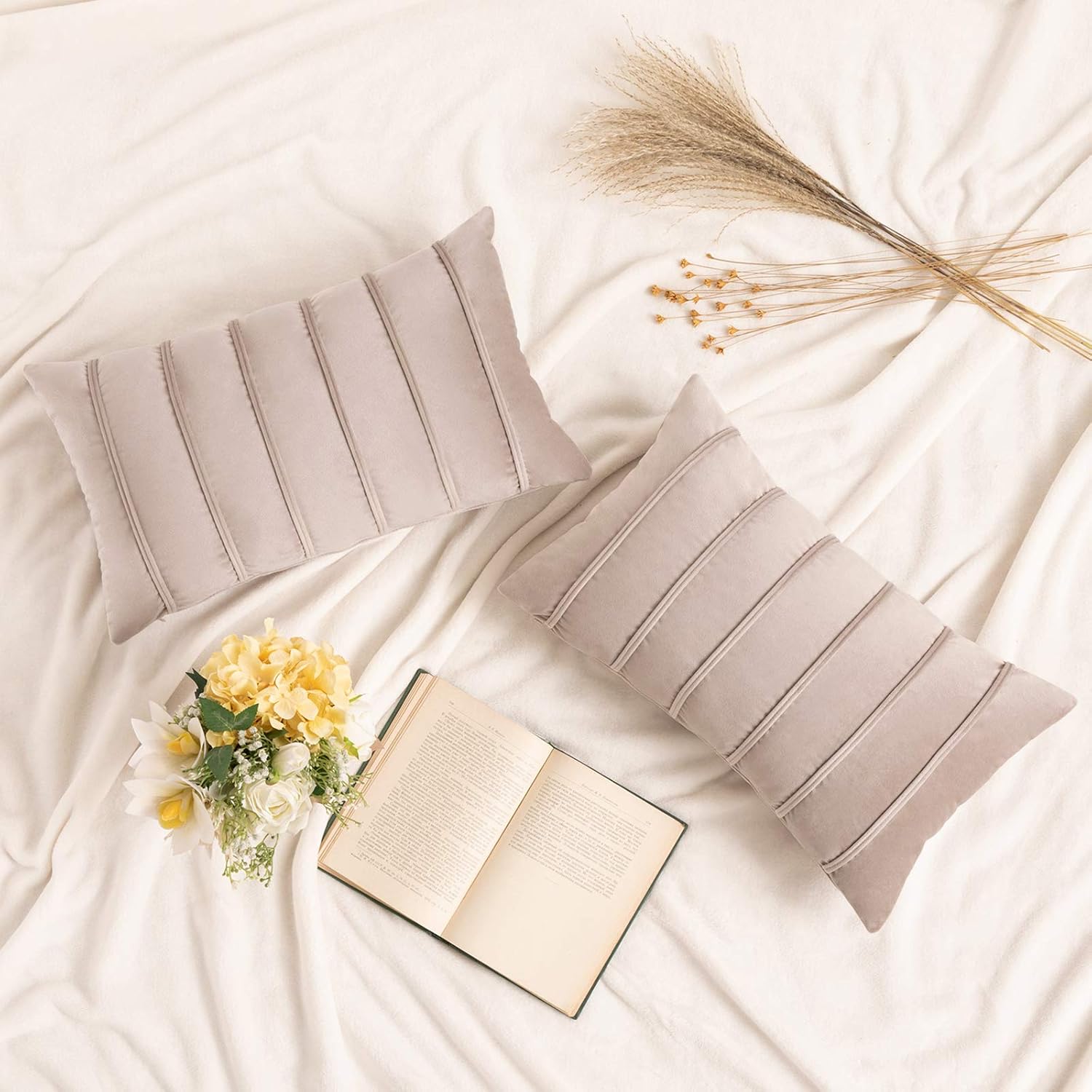 MIULEE Decorative Velvet Throw Pillow Covers Soft Solid Pillowcases Striped Lumbar Rectangle Cushion Covers for Couch Sofa Bed Living Room 12x20 inch, Pack of 2, Mix Pink and Grey
