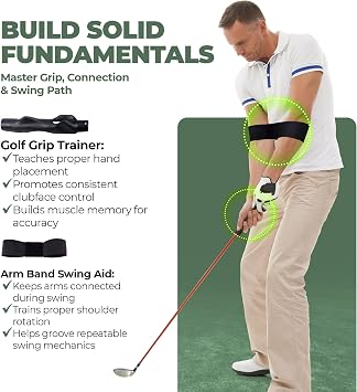 6-in-1 Golf Swing Trainer with Divot Board, Golf Grip Trainer, Alignment Sticks and Training Aid | Golf Accessories for Men & Women | Hitting Mat Practice Indoor & Outdoor