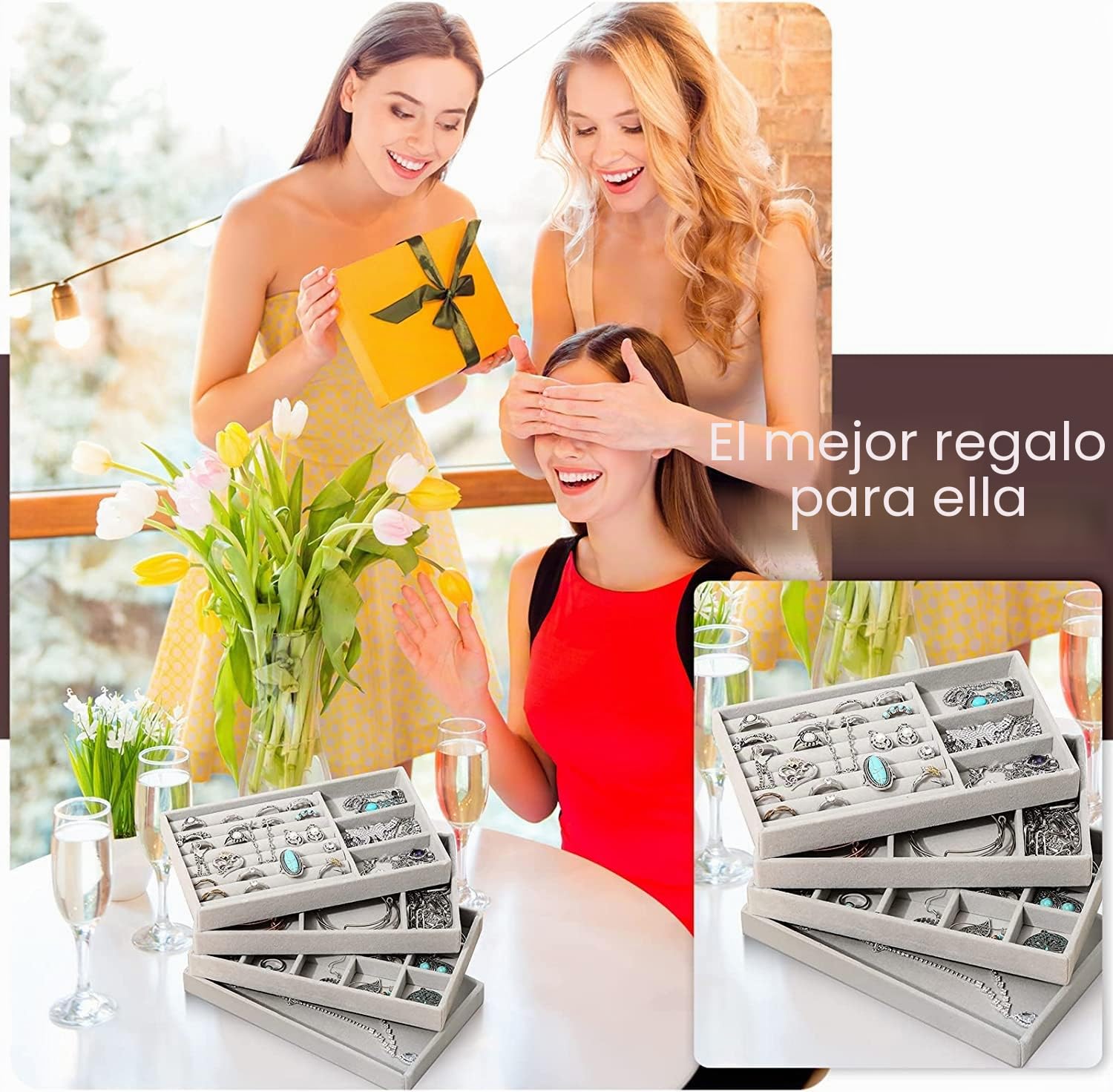 PIQIUQIU Juego de 4 bandejas apilables para joyas, organizador de joyas, almacenamiento de joyas, cajón para guardar y exhibir pendientes, collares, anillos (gris)