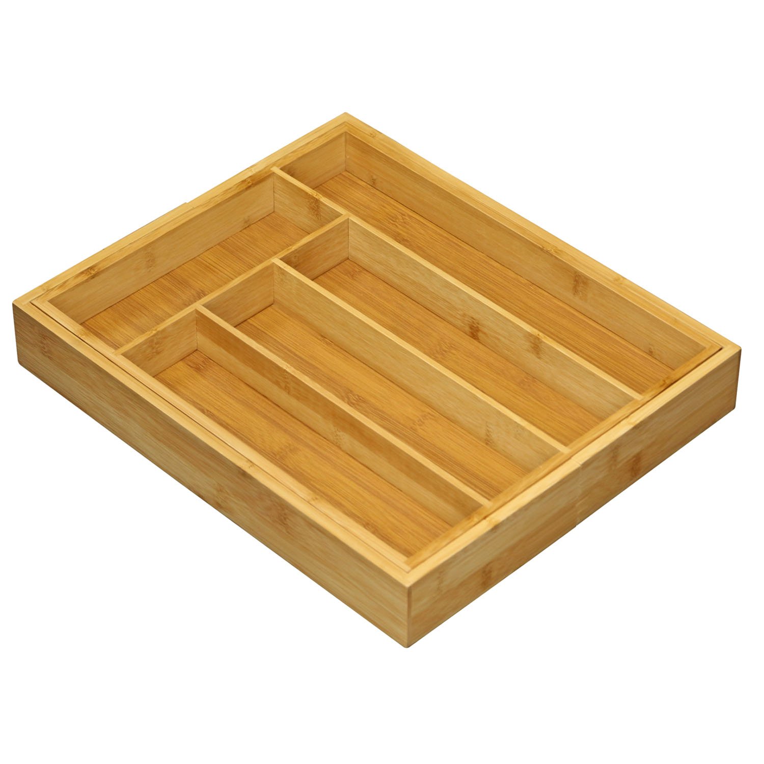 Taylor & Braun® Verstellbarer, ausziehbarer Bambus-Besteckkasten mit 5 bis 7 Fächern, Größe: 5 x 48,5 x 37 cm, natürliches Braun, Schubladeneinsatz