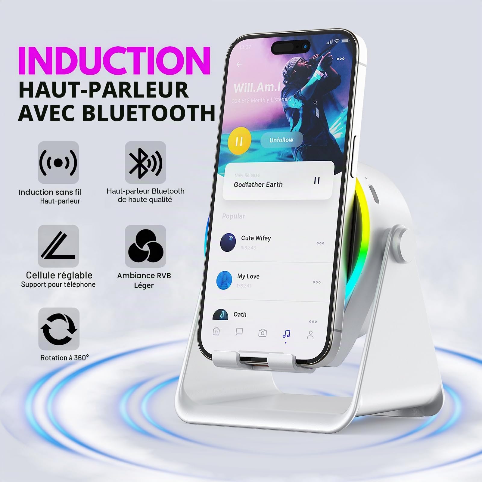 Enceinte Bluetooth sans fil à induction, design 4 en 1 avec RVB, base antidérapante pour téléphones de 4 à 13 pouces, Bluetooth 5.3, jeu instantané, cadeau technique parfait (blanc)