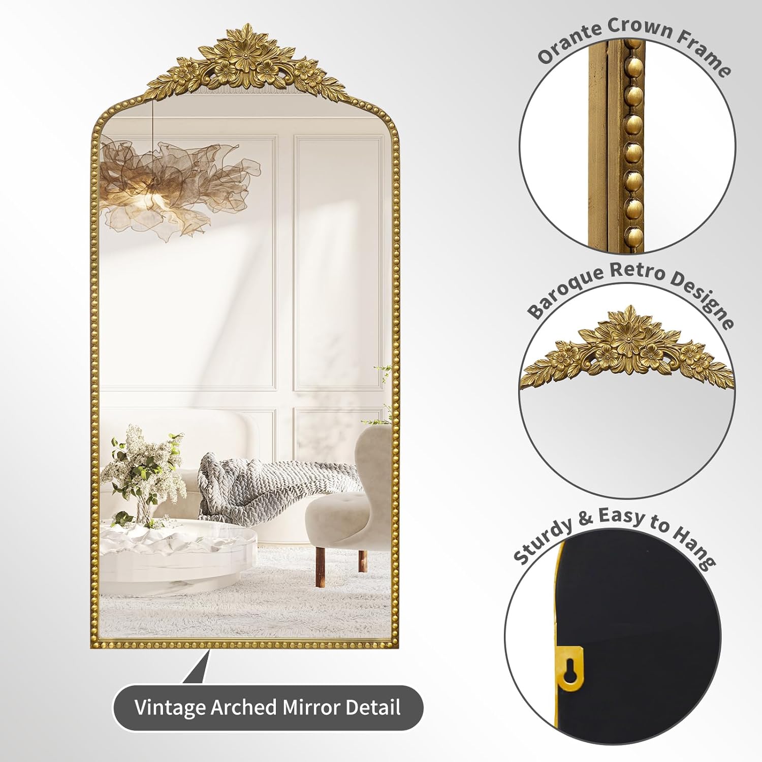 Gold Antique Full Length Mirror, 30"x60" Traditional Elegant Floor Vintage Mirror with Ornate Matel Frame, Baroque Inspired Home Decor for Entryway/Living Room/Hallway