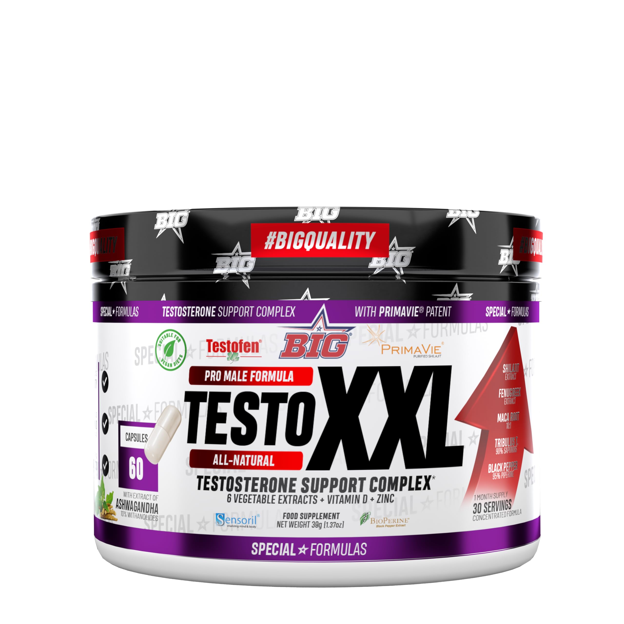 BIG Testosterona Hombre 60 Cápsulas Precursor Natural para Aumento de Masa Muscular, Energía y Rendimiento Físico