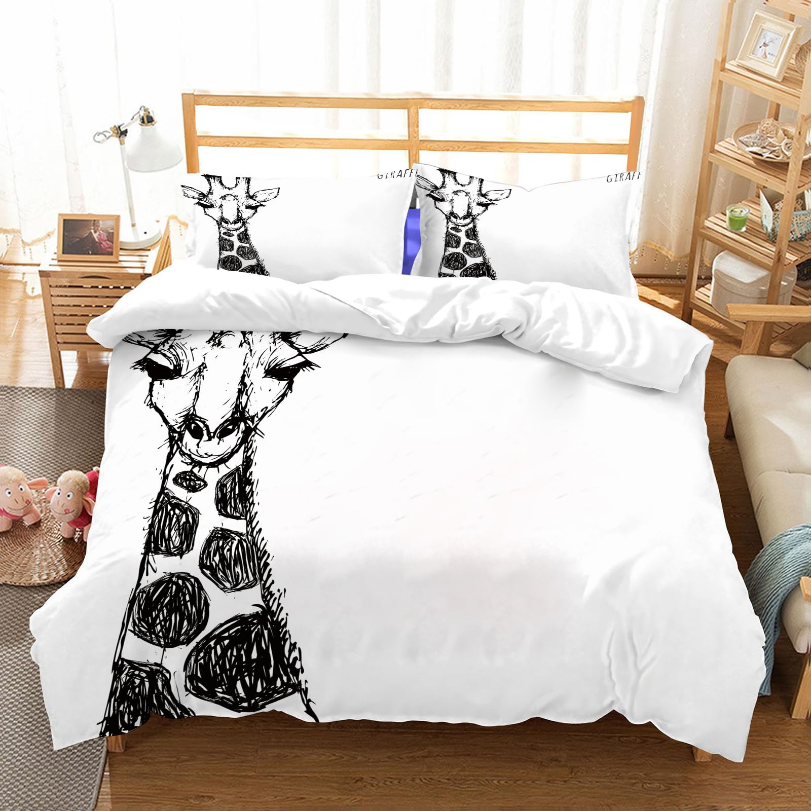 Ensemble de literie girafe 228x264cm avec 2 taies en microfibre blanche
