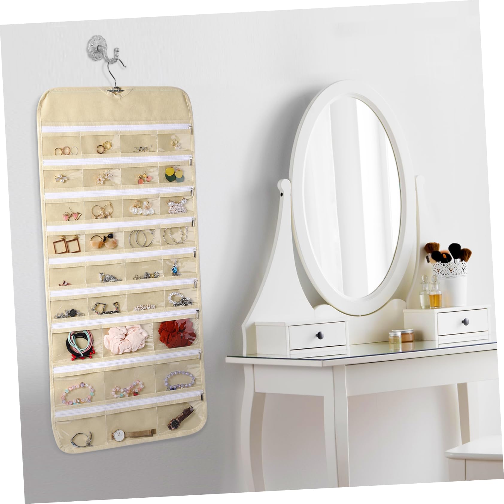 Hanging - Organizer per gioielli con 66 tasche, doppio lato, per orecchini, collane, bracciali, anelli, armadietti