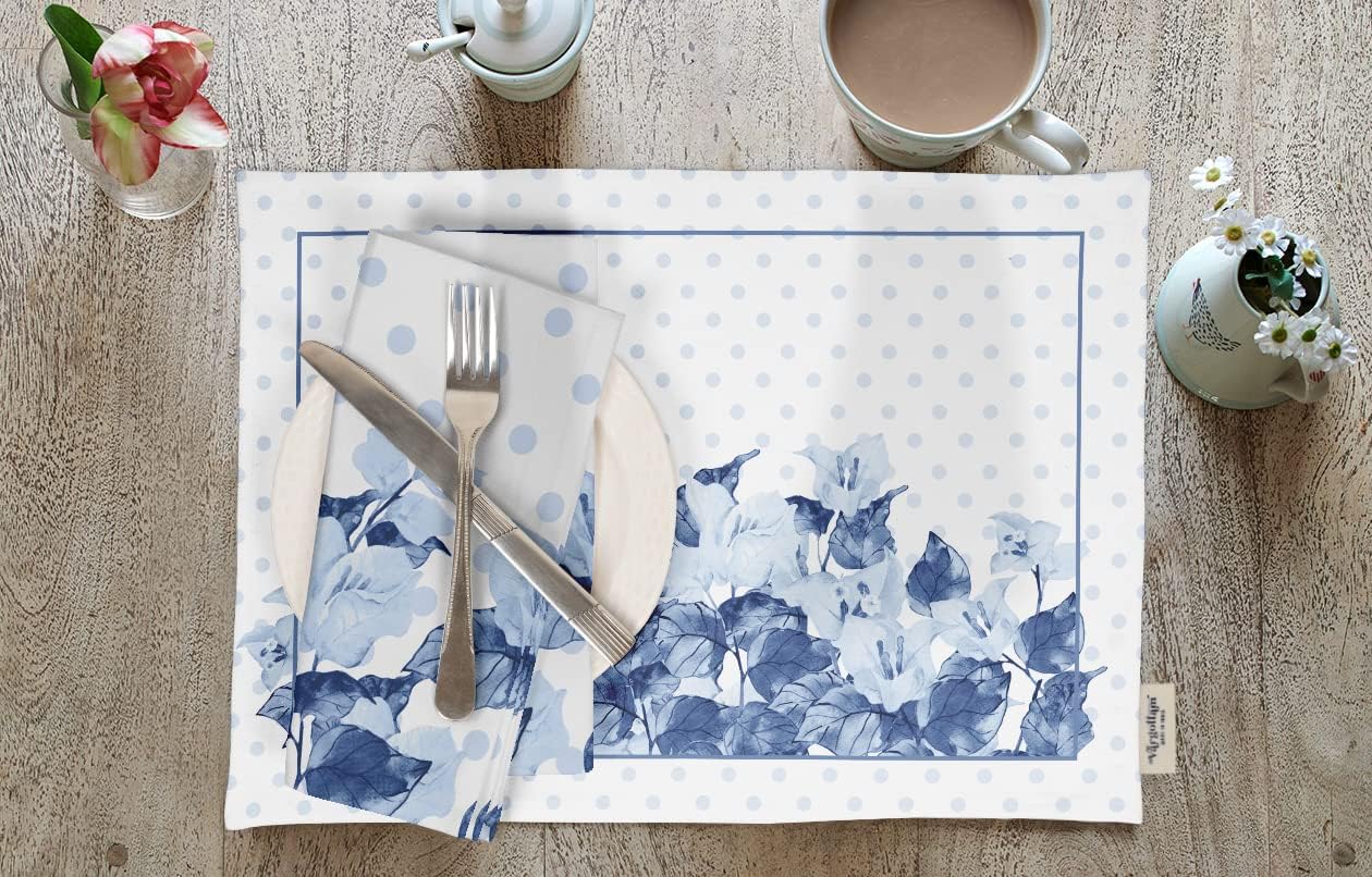 Placemats - Placemat for Dining Table, Set of 4- Printed & Reversible Cotton Napkin- Indoor Placemats for Home & Kitchen Dining Table- Watercolor Blue Flowers (Medium Blue)