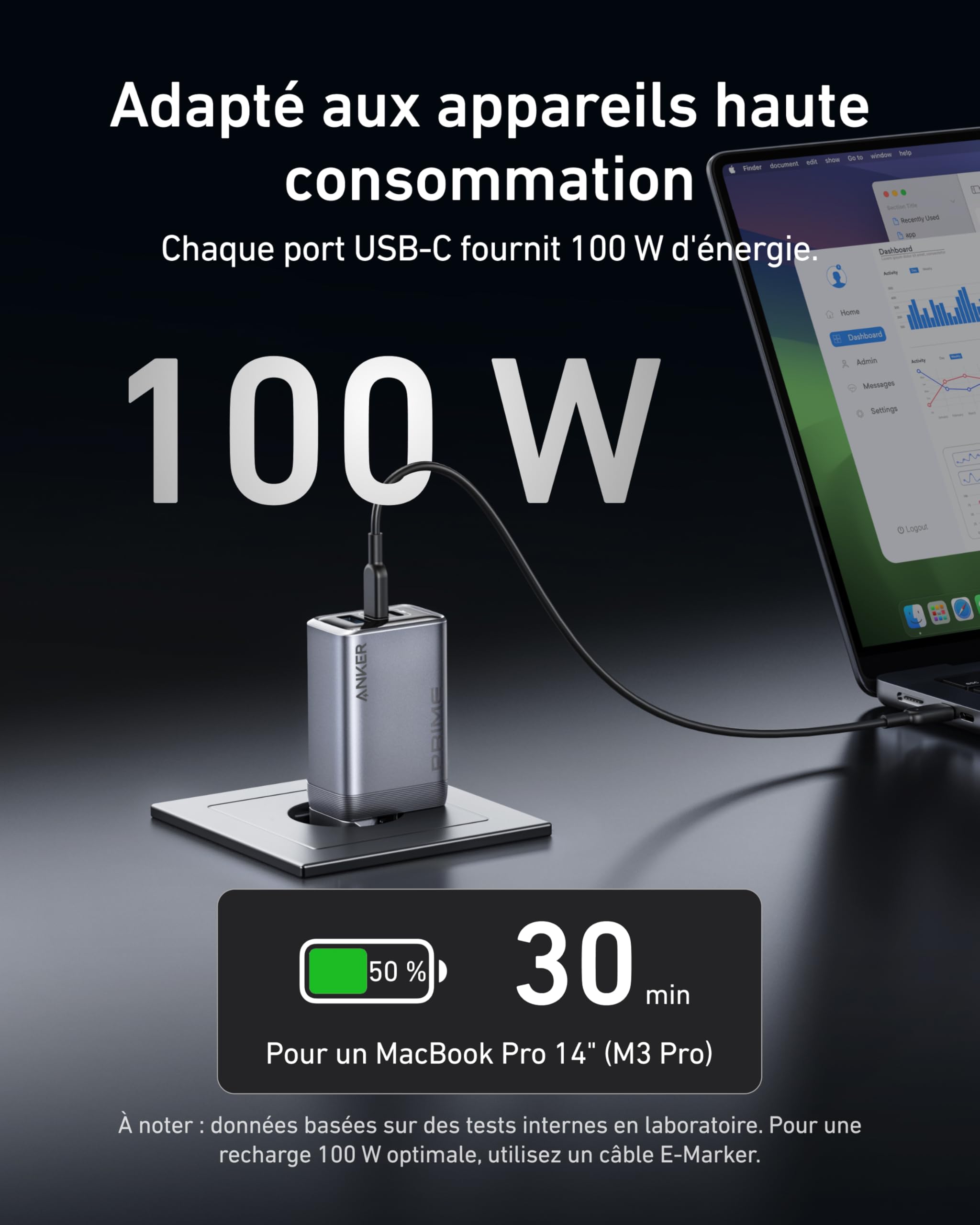 Anker Chargeur USB C 100 W Prime GaN, Chargeur Mural Anker Pliable et Compact GaN 3 Ports, pour MacBook, iPad, iPhone 16/16 Plus/16 Pro Max/15/14/13/12/11, Galaxy S24/S23, et Bien Plus Encore