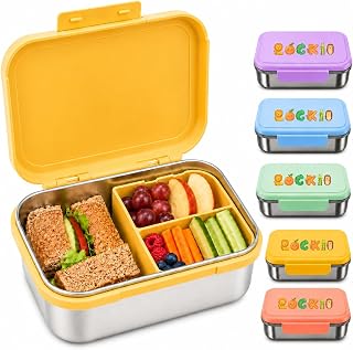 Kids Lunch Box Stainless Steel 1000ml with Snack Box - Lunch Box with Compartments, Stainless Steel Bottom and BPA-Free Lid, Leak Proof Bento Box for School, Kindergarten and Outings (GELB)