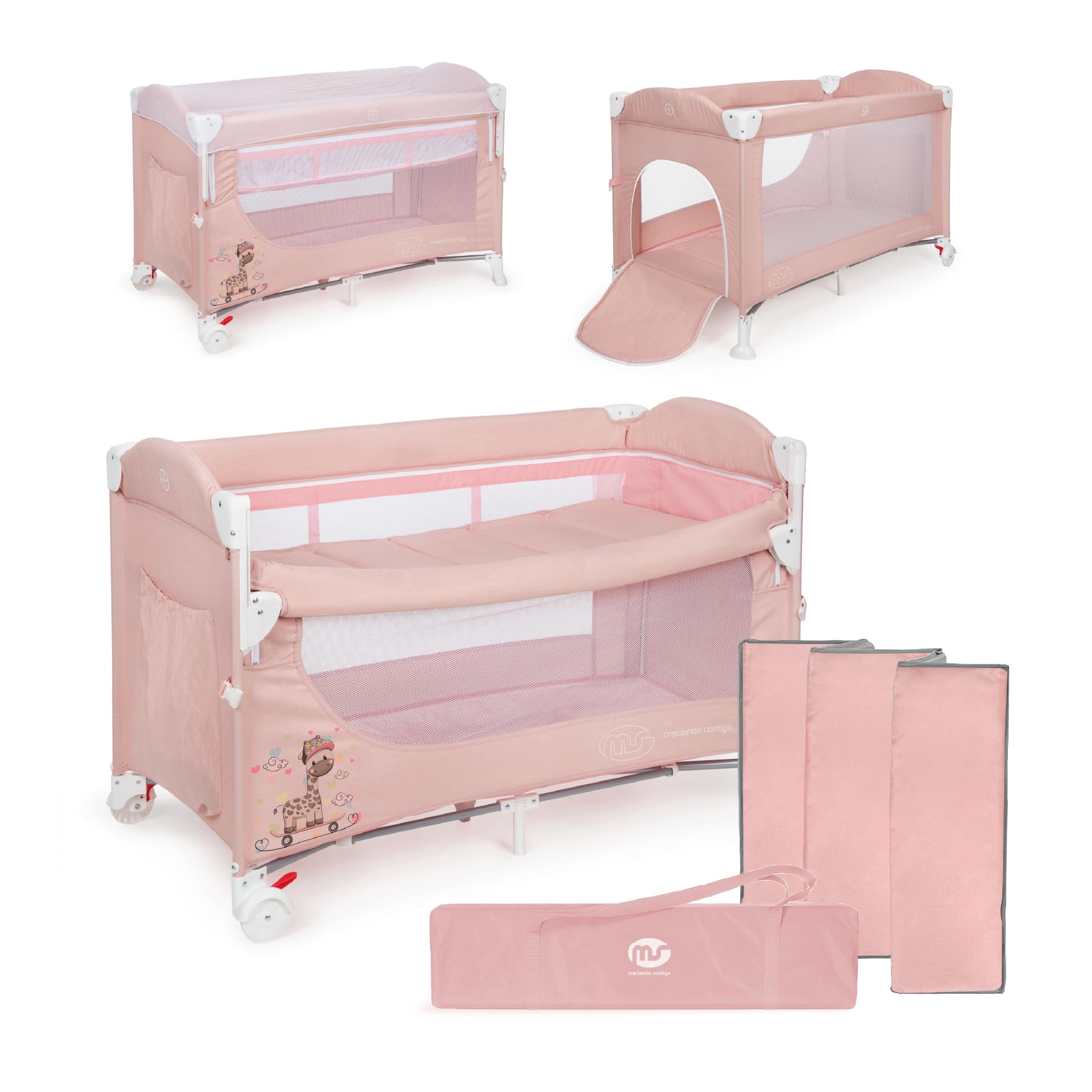 ms Baby World - Ennis - Lettino da viaggio, box e lettino classico 3 in 1 - Pieghevole a 2 altezze con buona circolazione dell'aria - Ingresso laterale e ruote con freno - Borsa da viaggio inclusa