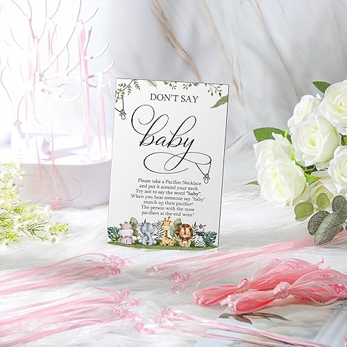 Miniatura 5 de Geetery 51 piezas de letrero de juego con texto en inglés Don't Say Baby Game para baby shower, 50 collares de madera con texto en inglés Don't Say