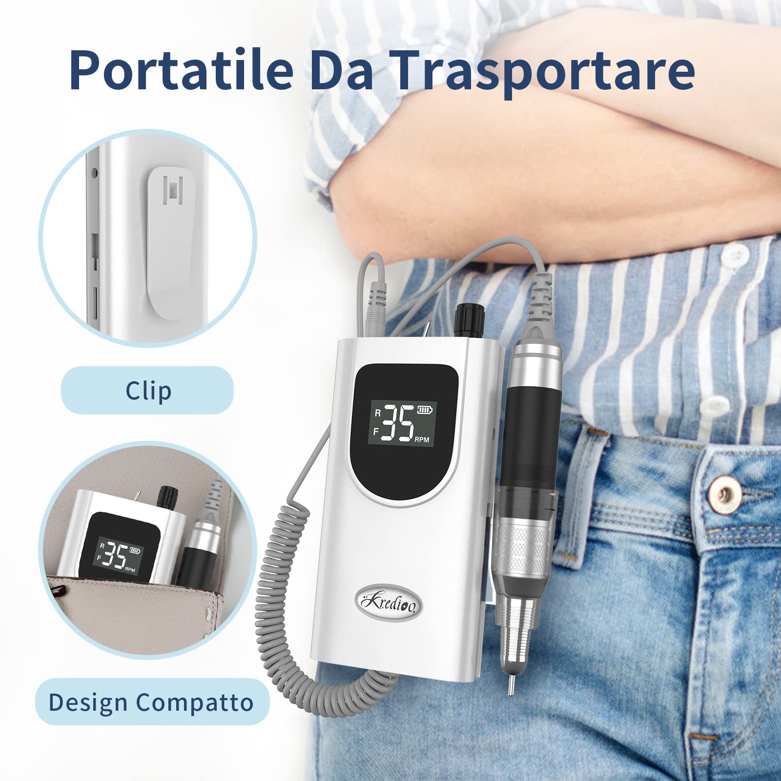 Kredioo Fresa per Unghie Professionale 35000RPM Ricaricabile, Fresa Unghie Portatile, Lima Elettrica, Manicure e Pedicure, Trapanino, Trapano Elettrico per Rimozione Gel e Smalto, Kit 6 Punte, Bianco