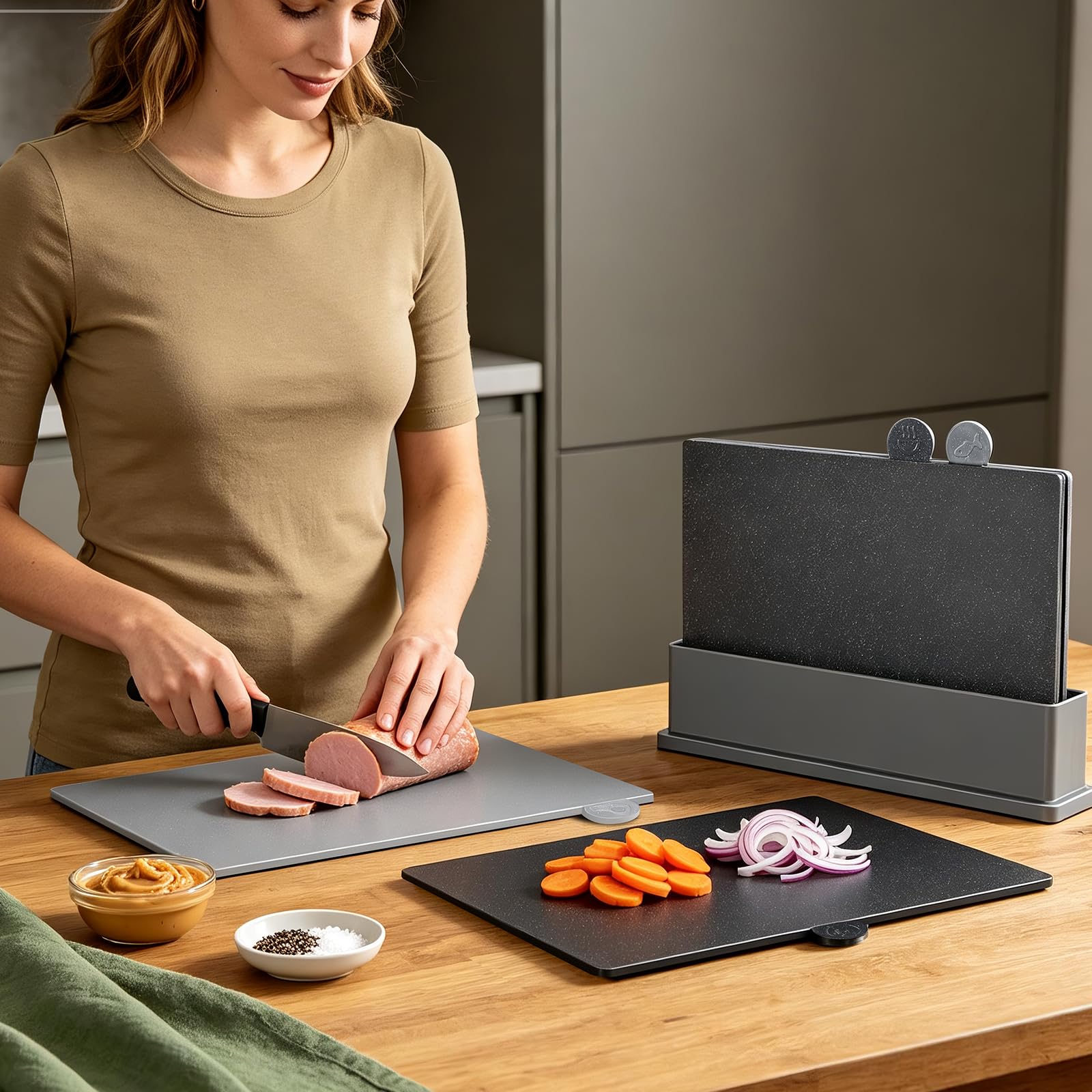 MASTERTOP Schneidebrett-Set für Küchenhalter – Index Kunststoff Schneidebrett Set von 4 Stück, BPA-frei, rutschfest, dickere Schneidebretter mit Abtropfgestell-Organizer, extra 4 flexible Matte