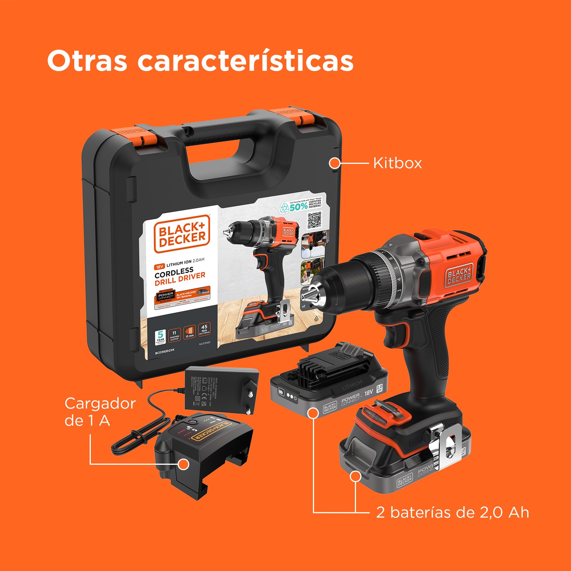 BLACK+DECKER Taladro atornillador de 18 V INALÁMBRICA, con 2 baterías de 2.0 Ah, BCD382D2XK-QW