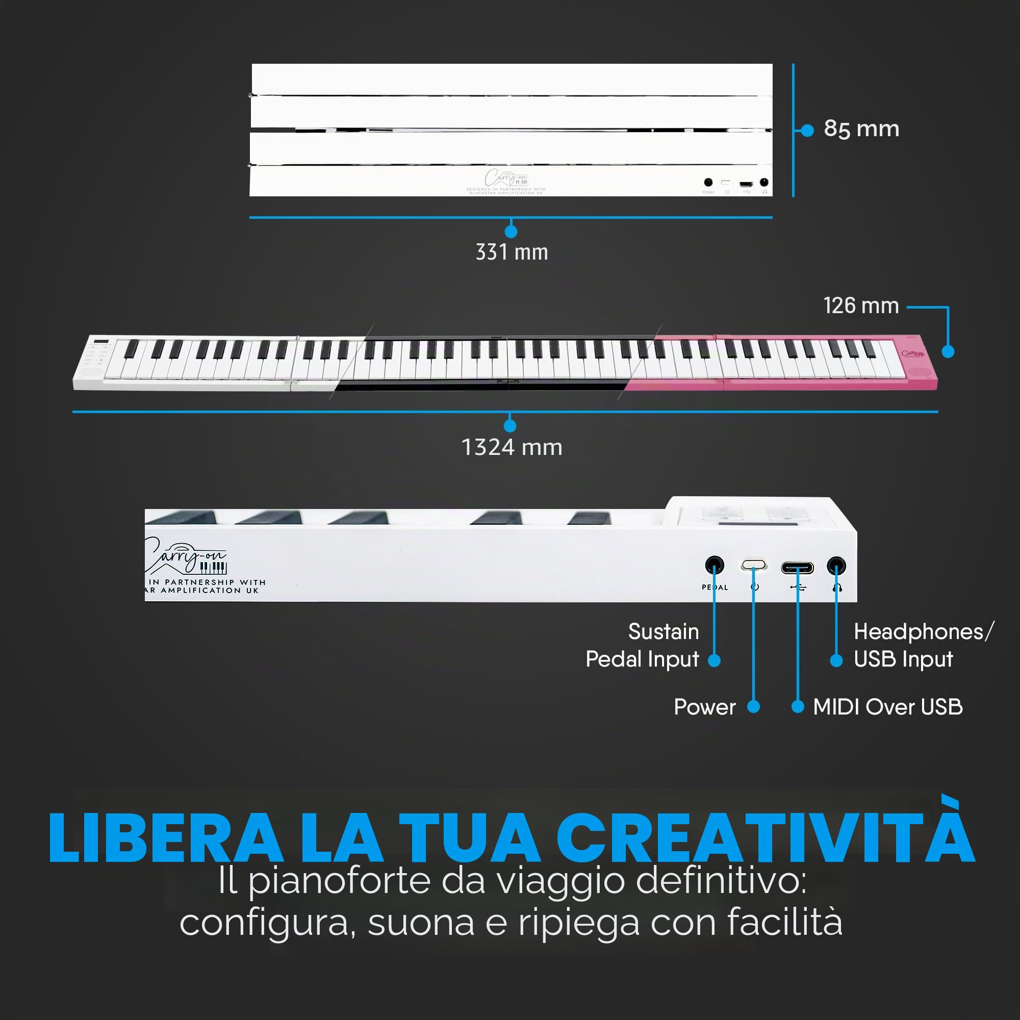 Carry-on FP-88 Touch Pianoforte digitale pieghevole portatile nero sensibile al tocco con 88 tasti tramite controller MIDI USB con batteria ricaricabile