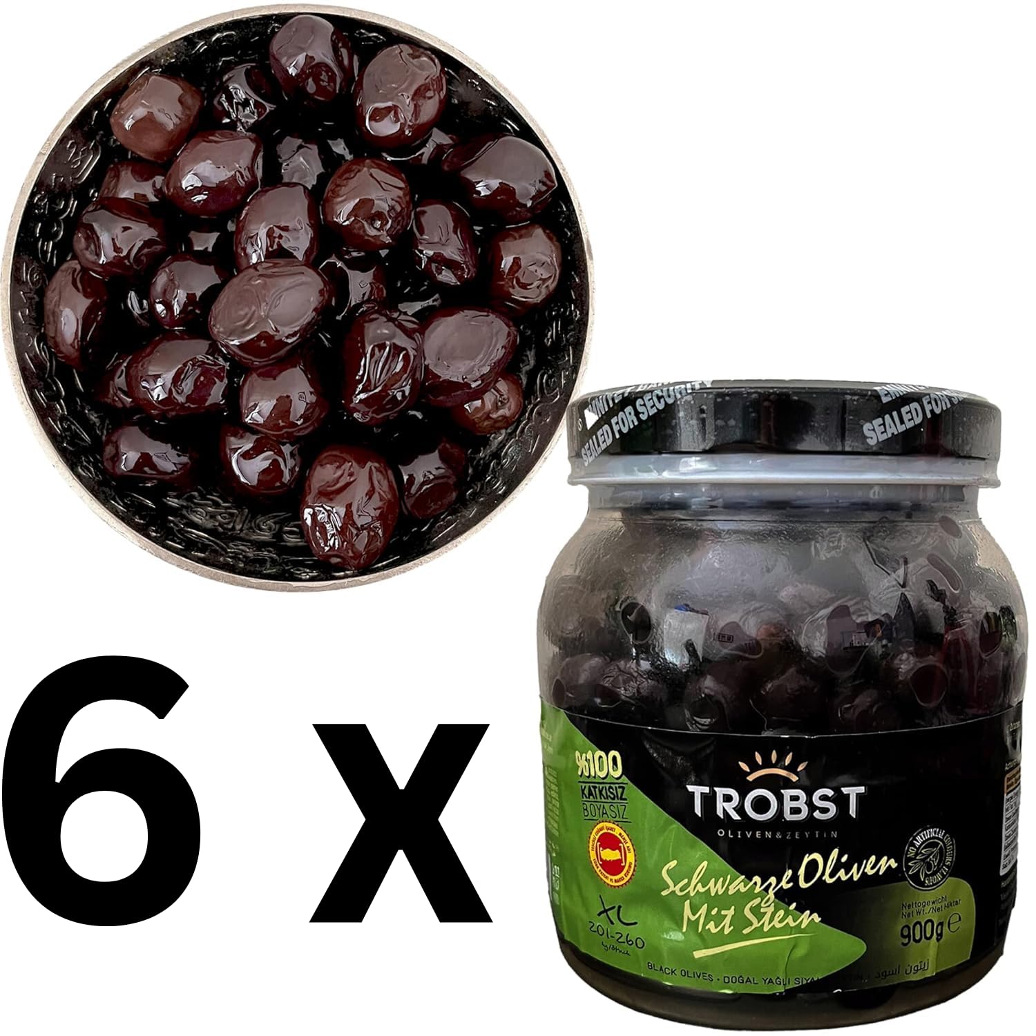 TROBST Schwarze Oliven 6x900 Gr Large mit Stein, Gemlik Olive, eingelegt in Salzlake, echte Tafelolive, Natürlich Gereift und Fermentiert, Aromatisch (6er Pack - 6 x 900 Gramm)