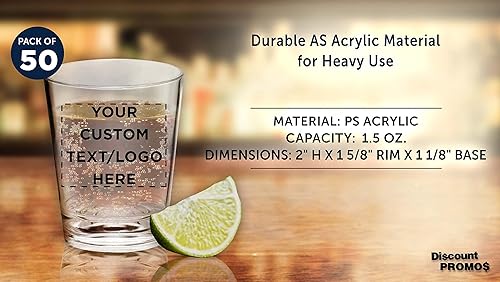 Miniatura 4 de DISCOUNT PROMOS Vasos de chupito de plástico translúcidos personalizados de 1.5 onzas, juego de 50, paquete personalizado a granel, acrílico, ideal