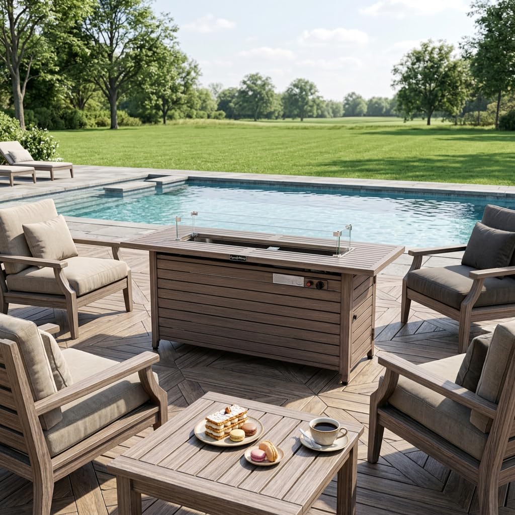 57 Inch 50000BTU Fire Table with Glass Wind Guard, with Cover and Table Lid, Nature Wood Coating