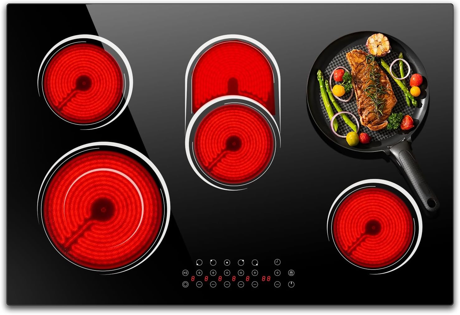 30 Inch Electric Stove with 5 Burner, Nefaracy Built-in Electric Stove Top Burner, 8400W Electric Cooktop, Touch Control, Timer, 9 Power Level, Safety Lock & Pause 240V(No Plug) 5 Burner Touch