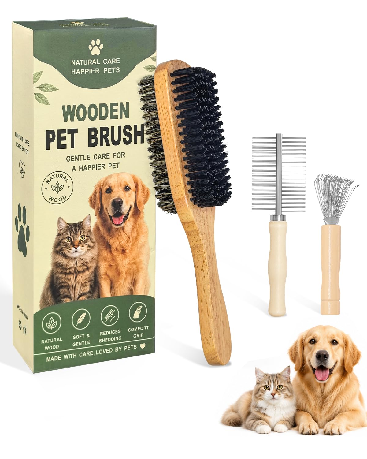 Angootao 3Pcs Natural Boar Bristle Brush Set for Short Haired Cats Grooming