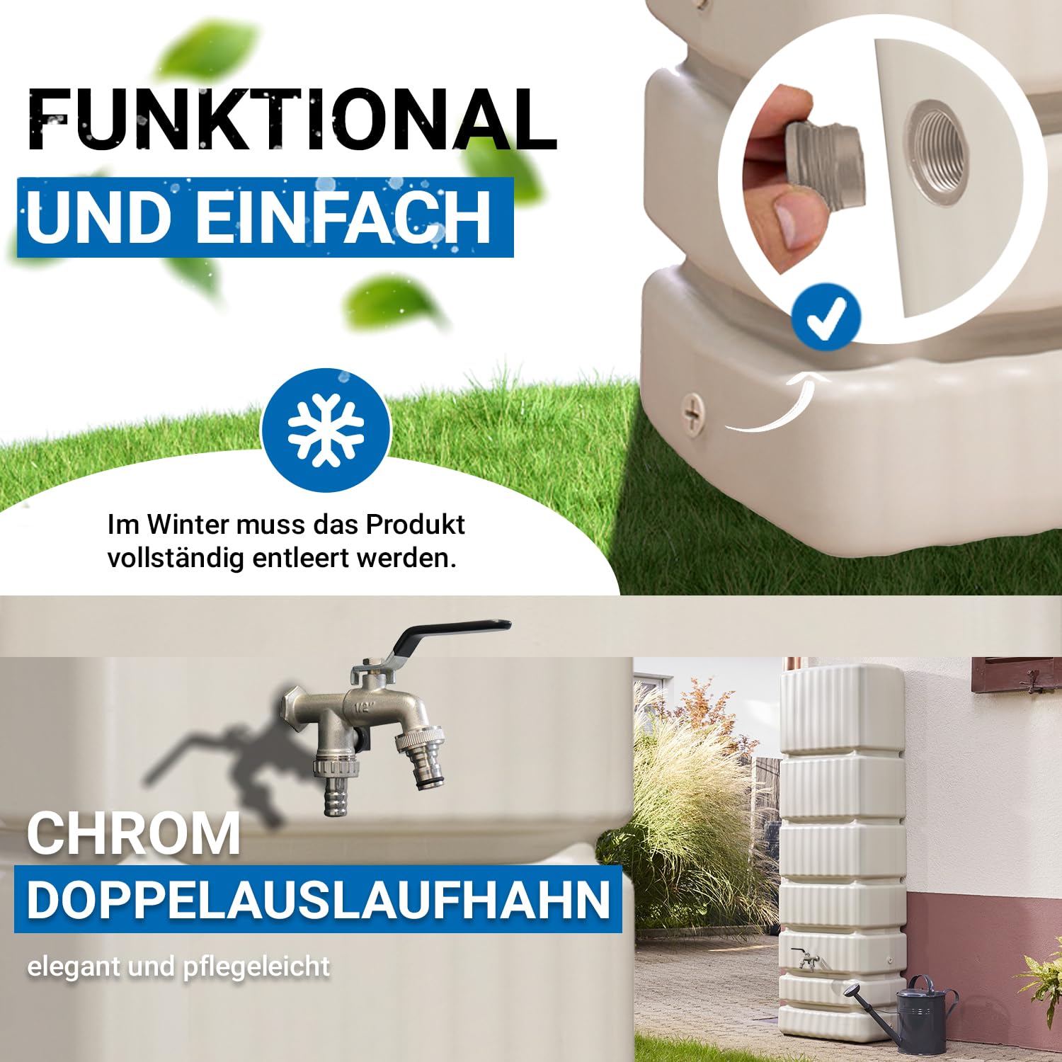 4rain Slim Regentonne Wandtank Komplett-Set 350 Liter sandbeige